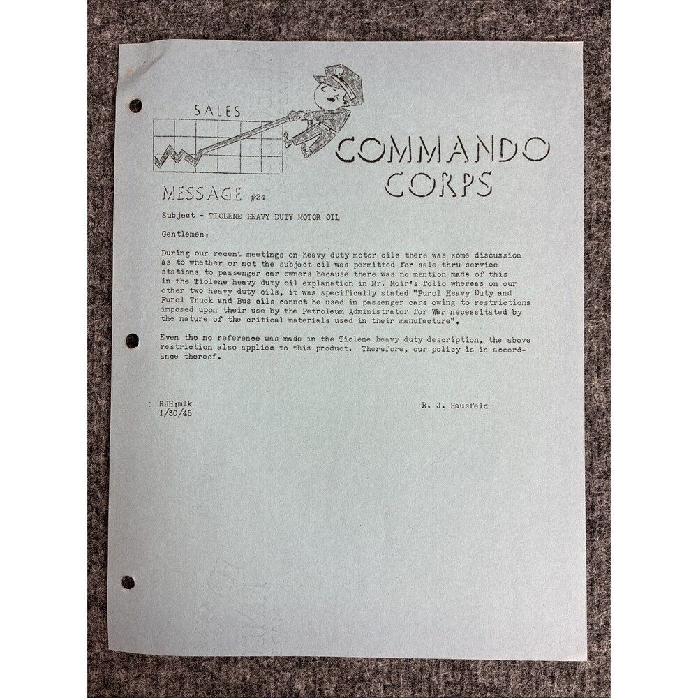 1944 Pure Oil Technical Bulletin #24 Tiolene Heavy Duty Motor Oil Commando Corps
